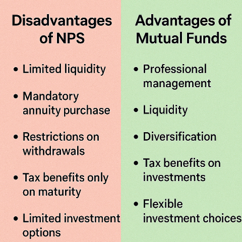 Mutual funds or NPS, Why Mutual funds are far better than NPS, Why Mutual funds are better than NPS, NPS lock-in till 60, NPS early withdrawal restrictions, NPS pension is taxable, No full liquidity in NPS, NPS lacks flexibility, Mutual funds SWP tax efficient, NPS annuity mandatory, NPS has limited fund choices, Exit rules strict in NPS, NPS returns not guaranteed, No full lump sum withdrawal in NPS, NPS maturity taxed, NPS lacks emergency access, Mutual funds flexible withdrawal, NPS tax benefit limited, Annuity returns are low, NPS income taxed yearly, No short-term benefit in NPS, NPS not ideal for early retirement, Mutual fund better post-retirement income,